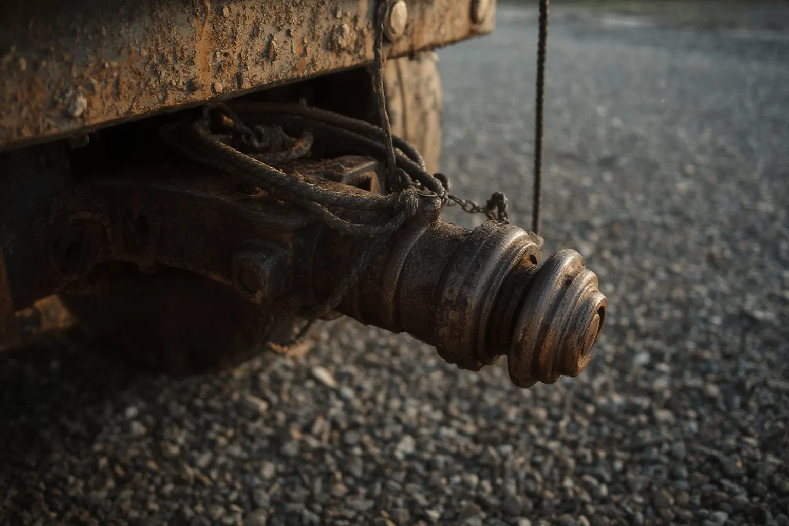 Rusted trailer coupling hardware with coiled cables under a trailer, gravel below